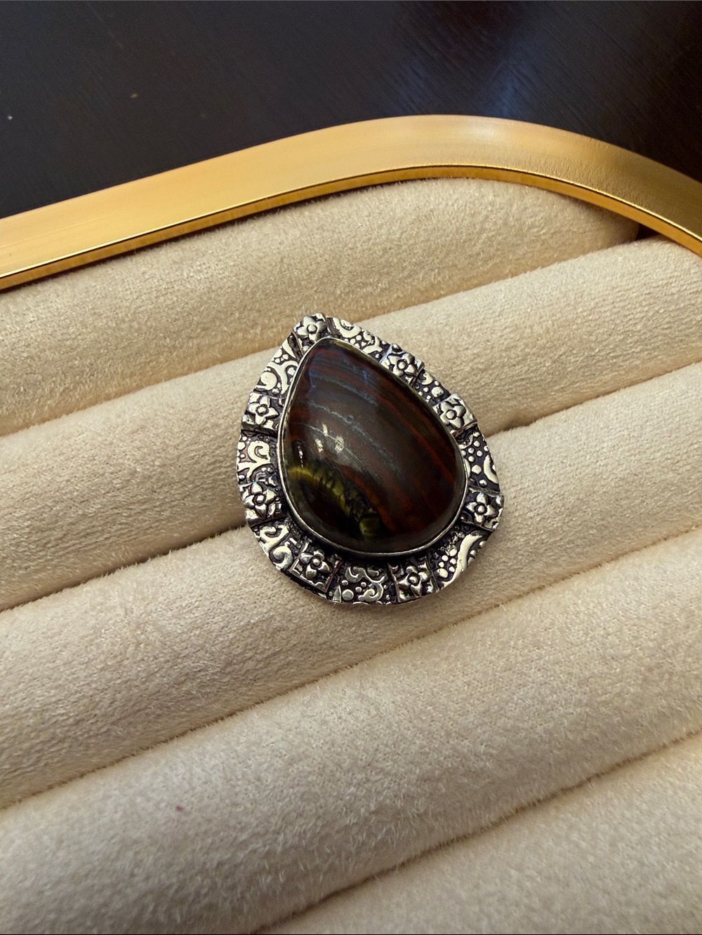 Teardrop Brown Tiger's Eye Stone Ring with Ornate Silver Frame